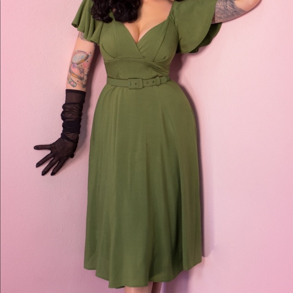 Vixen by Micheline Pitt NWT Babydoll Dress OliveXL